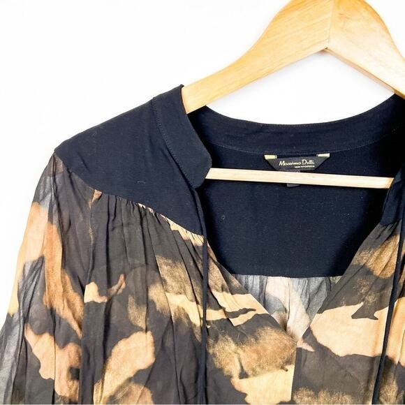 Massimo Dutti black brown tie front semi sheer draped blouse top size small - Picture 4 of 8